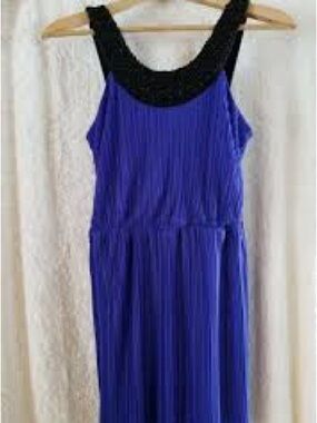 Women’s Royal Blue Sleeveless Midi Dress with Black Beaded Scoop Neck